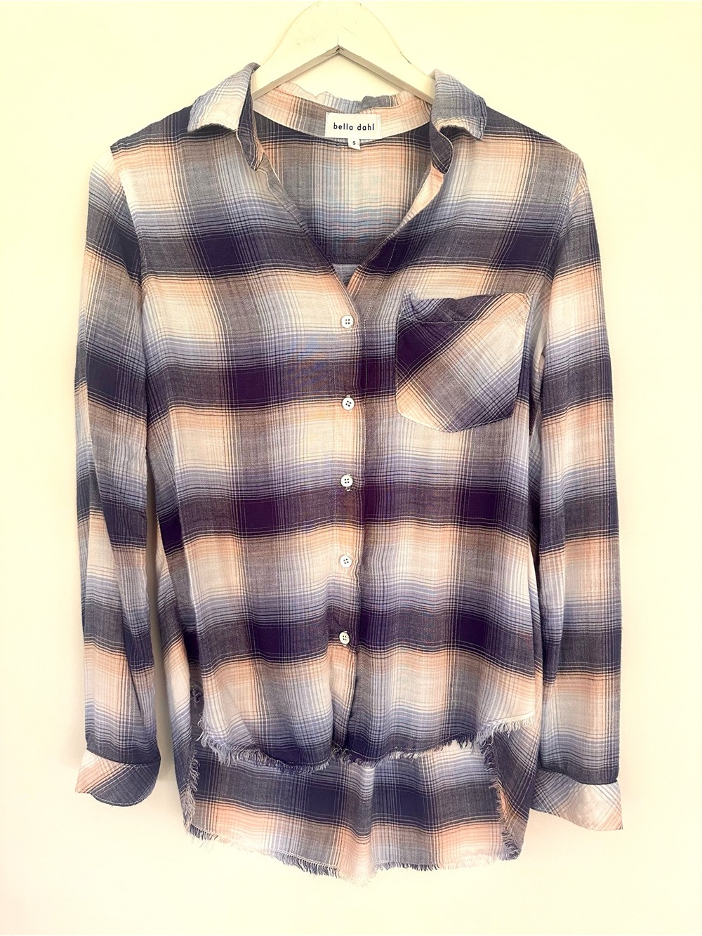 Bella Dahl Plaid Button Down Shirt Raw Hem Blue Blush Size S